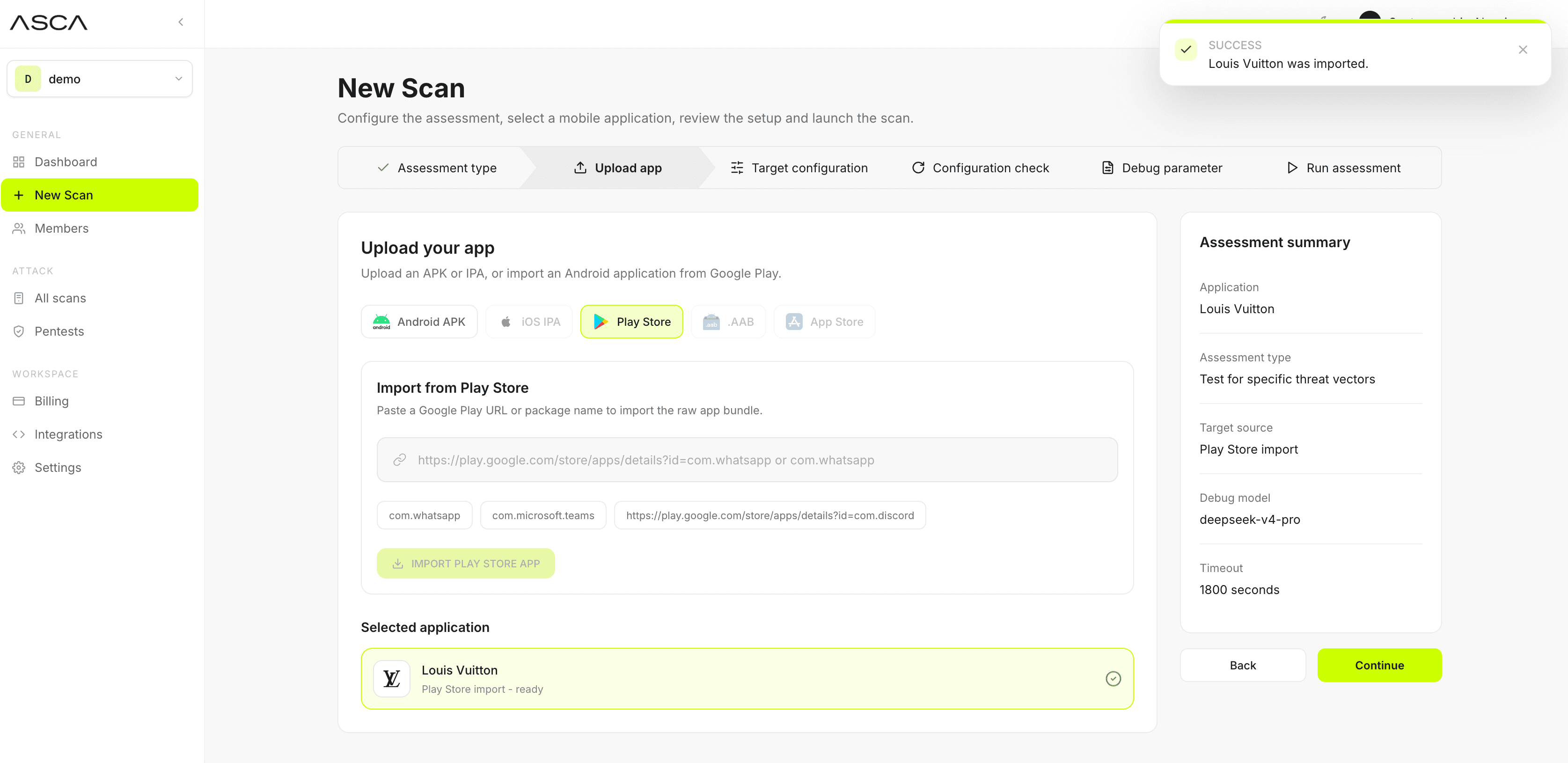 ASCA New Scan interface importing a mobile application from the Play Store